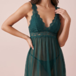 Emerald Green Lace Floral & Sheer Mesh Babydoll Nightdress
