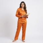 Classic Orange Silk Satin Pajama Set – Elegant Two-Piece Sleepwear