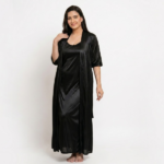 Premium Black Silk Satin Nightgown with Matching Robe – 2-Piece Set