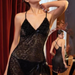 Midnight Black Floral Lace & Ruffled Mesh Babydoll Set