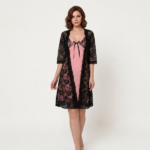 Chic Pink Satin Nightgown with Black Floral Lace Robe Set