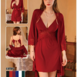 Royal Burgundy 2-Piece Satin Robe & Lace Backless Nightgown Set