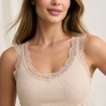 Nude Ribbed Cotton Camisole with Scalloped Lace Trim