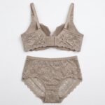 Premium Nude Floral Lace Lingerie Set – Padded Underwire Bra & High-Waist Brief with Gold Trim - Image 2