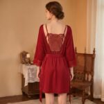 Royal Burgundy 2-Piece Satin Robe & Lace Backless Nightgown Set - Image 2