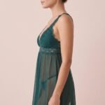 Emerald Green Lace Floral & Sheer Mesh Babydoll Nightdress - Image 2
