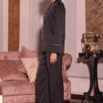 Classic Midnight Black Satin Pajama Set with Contrast Piping - Image 2