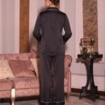 Classic Midnight Black Satin Pajama Set with Contrast Piping - Image 3