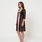 Chic Pink Satin Nightgown with Black Floral Lace Robe Set - Image 2