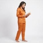 Classic Orange Silk Satin Pajama Set – Elegant Two-Piece Sleepwear - Image 2