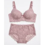 Women's Dusty Rose Leaf-Patterned Lace Lingerie Set – Padded Underwire Bra & High-Waist Panty
